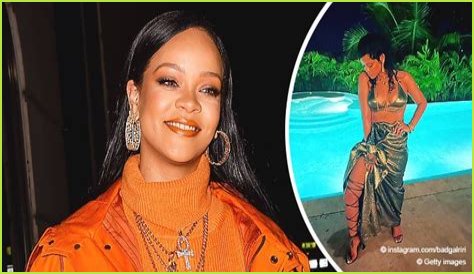 See Rihanna's New Year's Celebration Outfit Featuring a Metallic Bikini Top & Skirt Ensemble