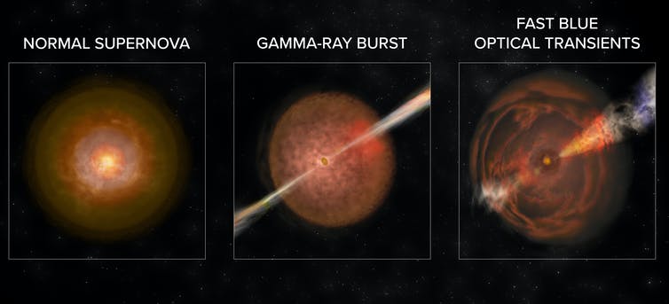 Artist's image of the explosion. compared to a supernova and a gamma ray burst.