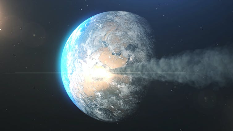 A 3D rendering of an asteroid hitting Earth.