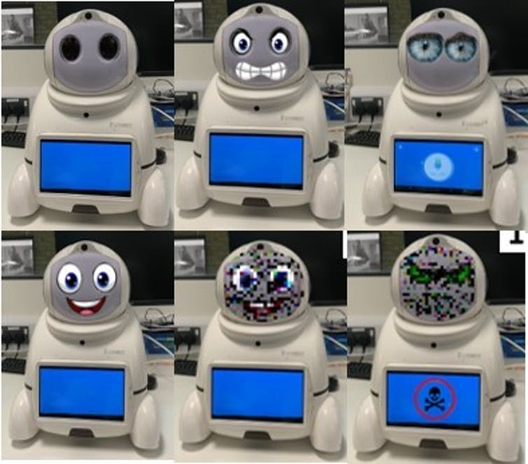 Six images of a robot with different facial expressions.