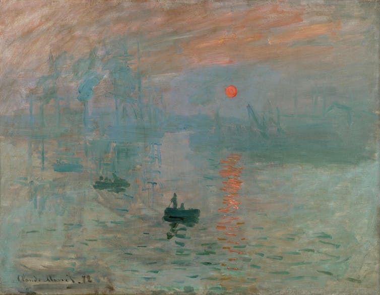 An impressionist painting depicting a shadowed figure in a boat with a misty harbour scene in the background.