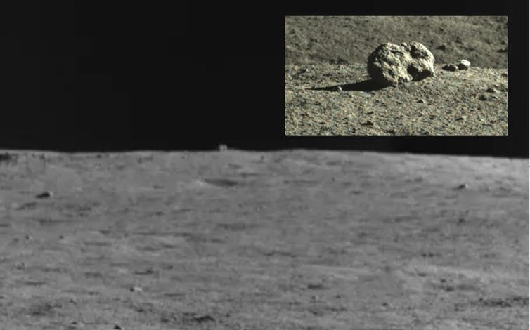 Distant view by the Chang'e 4 rover showing the 'hut' like rock 80 m away, plus a close up view when it got there.