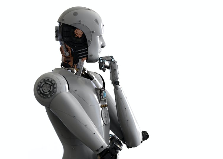 Image of an android robot thinking on white background.
